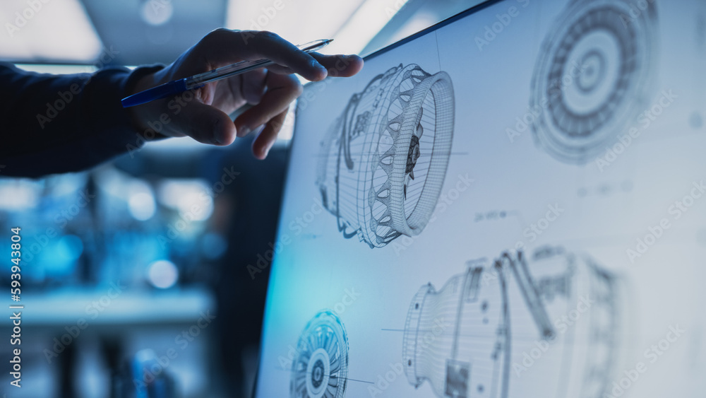 Poster Close Up of a Desktop Computer Monitor Screen with 3D CAD Software with Prototype Jet Engine Project. Specialist Discussing Work, His Hand Visible In Front of the Screen.