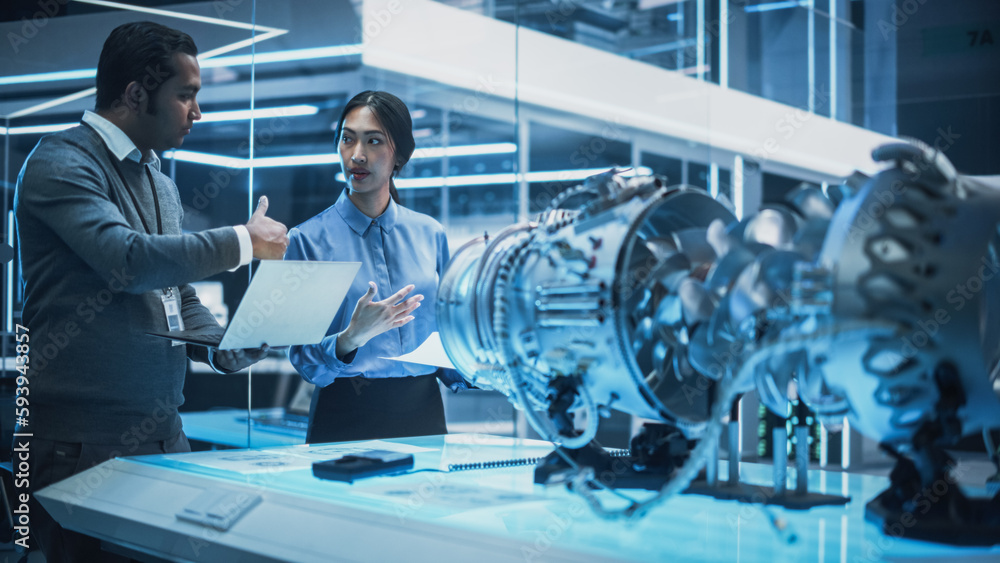 Poster two multiethnic employees work in modern innovative research facility with a futuristic jet engine. 