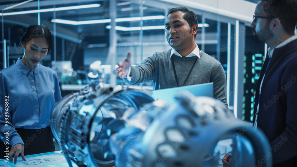 Aufkleber Diverse Multiethnic Team of Industrial Engineers Gathered Around a Table With a Prototype Turbine Engine. Scientists Use Tablet Computer to Research, Develop and Program the Futuristic Motor.