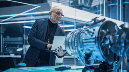 Thrust Engine Senior Engineer Working on a Futuristic Turbine Motor Project, Standing with Laptop Computer in Scientific Technology Lab. Professional Scientist Developing a Prototype.