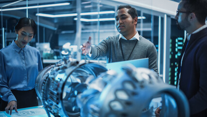 Diverse Multiethnic Team of Industrial Engineers Gathered Around a Table With a Prototype Turbine...
