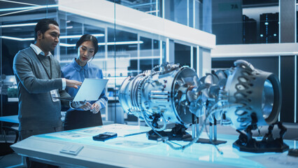 Two Multiethnic Employees Work in Modern Innovative Research Facility with a Futuristic Jet Engine....