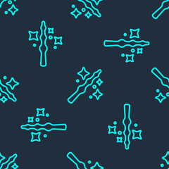 Green line Magic wand icon isolated seamless pattern on blue background. Star shape magic accessory. Magical power. Happy Halloween party. Vector