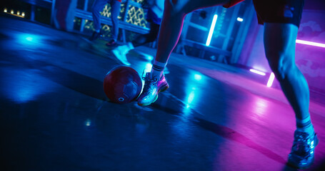 Close Up Sporty Young Woman Playing Soccer with Friends, Dribbling, Scoring a Successful Goal....