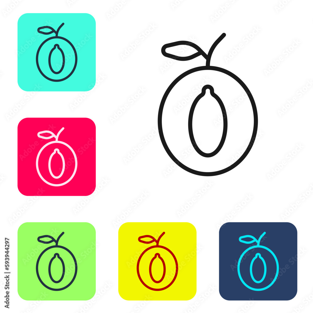 Poster black line plum fruit icon isolated on white background. set icons in color square buttons. vector