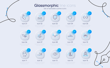 Set of Capsule pill, Bicycle prohibited and Medical shield line icons for web app. Fever temperature, Weariness, Leaves icons. Eyeglasses, Collagen skin, Sun protection signs. Vector