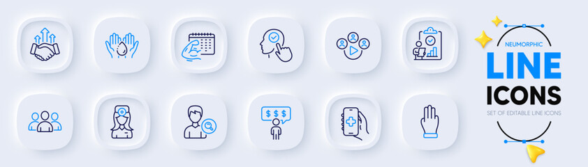 Wash hands, Inspect and Fitness calendar line icons for web app. Pack of Group, Three fingers, Oculist doctor pictogram icons. Video conference, Employee benefits, Deal signs. Vector