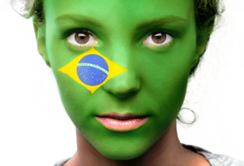 Portrait of a Woman with the Flag of Brazil Painted on her Face