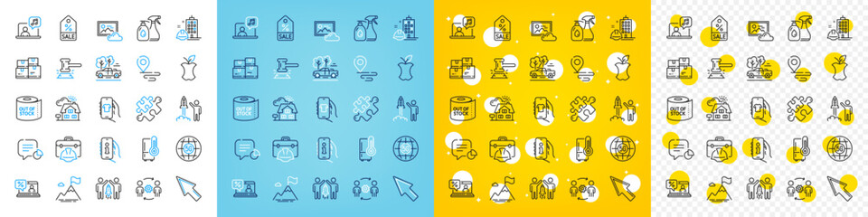 Vector icons set of Support, Partnership and Organic waste line icons pack for web with Refrigerator, Music, Place outline icon. Pickup, Mountain flag, Puzzle pictogram. Shop app. Vector