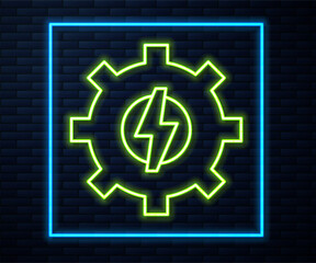 Glowing neon line Gear and lightning icon isolated on brick wall background. Electric power. Lightning bolt sign. Vector