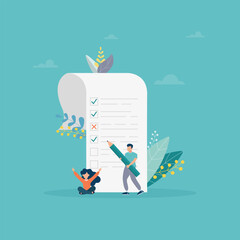 little people fill out a form, modern concept for web banners, infographics, websites, printed products. Concept done, checklist, long paper document and to-do list with checkboxes. Vector flat illust