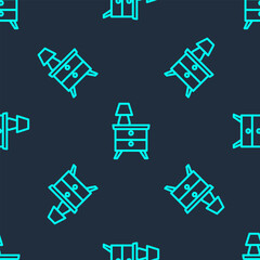 Green line Furniture nightstand with lamp icon isolated seamless pattern on blue background. Vector