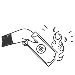 hand drawn doodle hand holding burning money symbol for inflation illustration