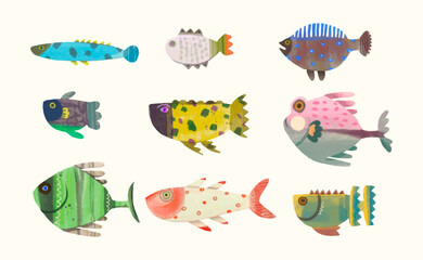 Fish, watercolor painting. animal cartoon vector illustration collection. isolated on a white background.