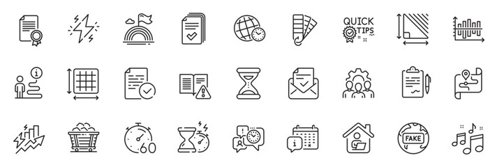 Icons pack as Hourglass timer, Diagram chart and Palette line icons for app include Handout, Certificate, Quick tips outline thin icon web set. Lgbt, Work home, Approved mail pictogram. Vector