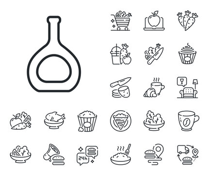 Brandy alcohol sign. Crepe, sweet popcorn and salad outline icons. Cognac bottle line icon. Cognac bottle line sign. Pasta spaghetti, fresh juice icon. Supply chain. Vector