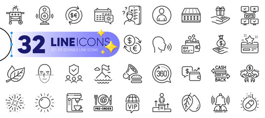 Outline set of 360 degrees, Fireworks explosion and Sun energy line icons for web with Avatar, Brand, Gas grill thin icon. Human sing, Mineral oil, Card pictogram icon. Currency exchange. Vector