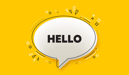 Hello welcome tag. 3d speech bubble yellow banner. Hi invitation offer. Formal greetings message. Hello chat speech bubble message. Talk box infographics. Vector © blankstock