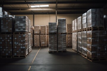 Boxes Of Goods Stacked In Warehouse For Storage. Generative AI
