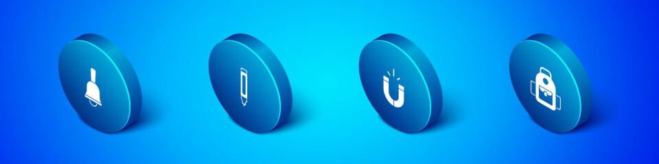 Set Isometric Ringing bell, Magnet, School backpack and Marker pen icon. Vector