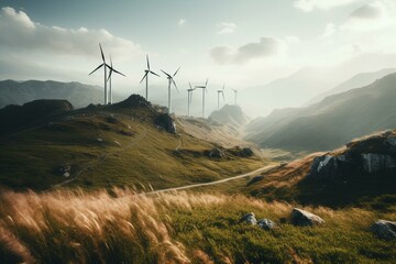 Fototapeta na wymiar Wind turbines on the mountain. Generative AI
