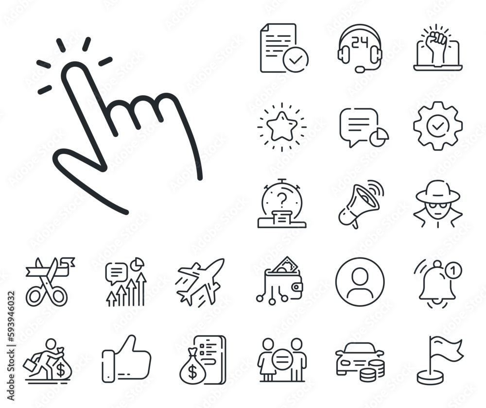 Poster click action sign. salaryman, gender equality and alert bell outline icons. hand cursor line icon. f