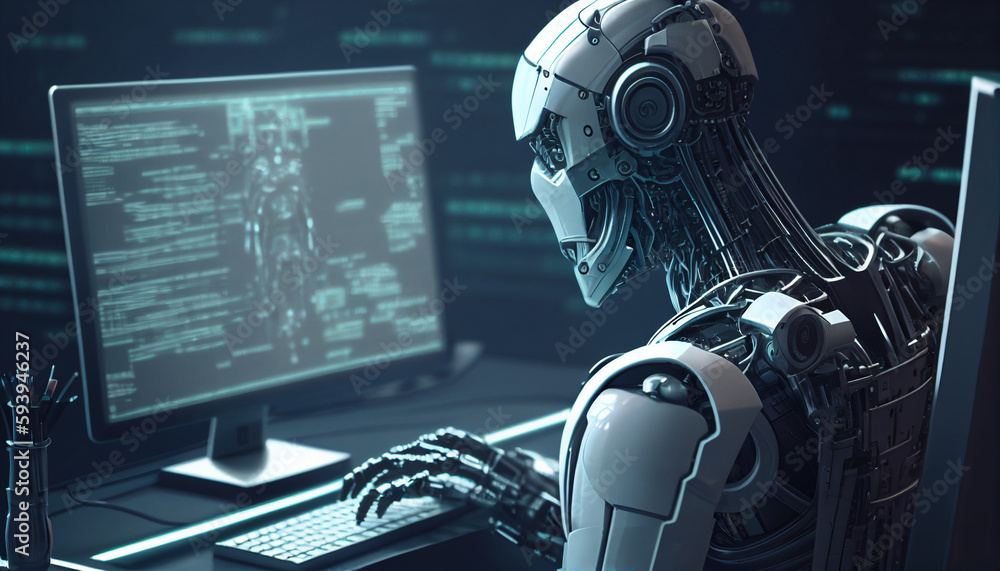 Poster a white robotic figure sits at a computer, typing on a keyboard. the computer screen displays green 