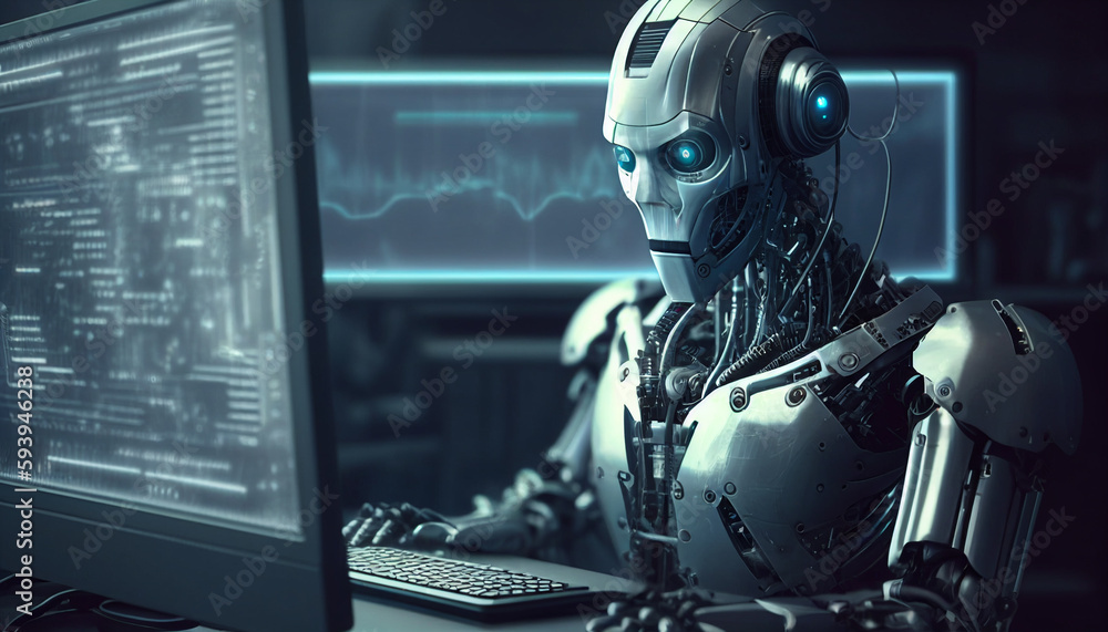 Poster a white robot with blue eyes is sitting at a computer, typing. the computer screen shows code and a 