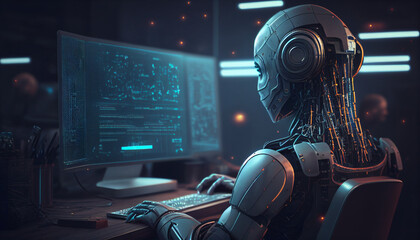 a robot sitting at a desk in front of a computer, typing on a keyboard. The robot has a futuristic design and appears to be working.