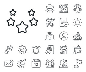 Best ranking sign. Salaryman, gender equality and alert bell outline icons. Stars line icon. Rating symbol. Stars line sign. Spy or profile placeholder icon. Online support, strike. Vector