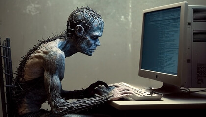 The exhausted programmer, worn out from working tirelessly, remained intensely focused on their computer screen. ,concept a future technology of artificial intelligence (AI)