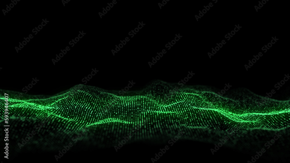 Poster Technology green wave with lines. Big data visualization. Analytics representation. Digital background. 3d rendering.
