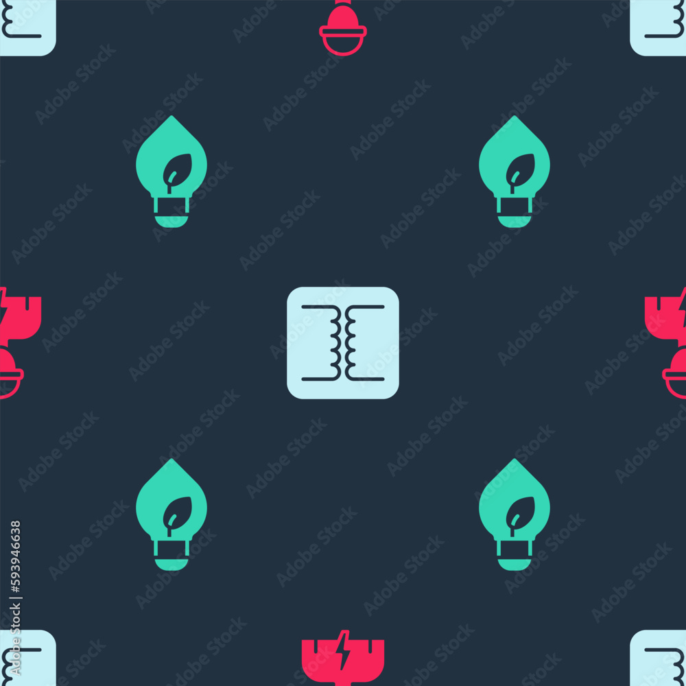 Poster set electrician, electrical transformer and light bulb with leaf on seamless pattern. vector
