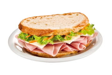Delicioso sanduíche de pão italiano recheado de presunto, queijo, alface e cenoura ralada em fundo transparente - sanduíche natural no pão italiano