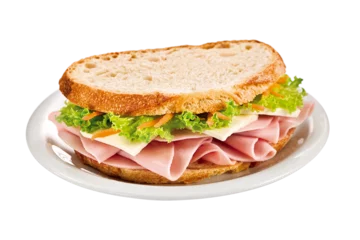 Poster Delicioso sanduíche de pão italiano recheado de presunto, queijo, alface e cenoura ralada em fundo transparente - sanduíche natural no pão italiano © WP!