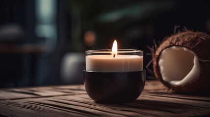 Obraz na płótnie Canvas Coconut aroma candle, close-up, home aestetics. AI generated illustration
