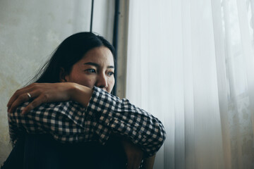 sad serious illness woman.depressed emotion panic attacks alone sick people fear stressful...
