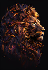 A huge head of a lion with a developing multi-colored mane on a dark background. AI Generated