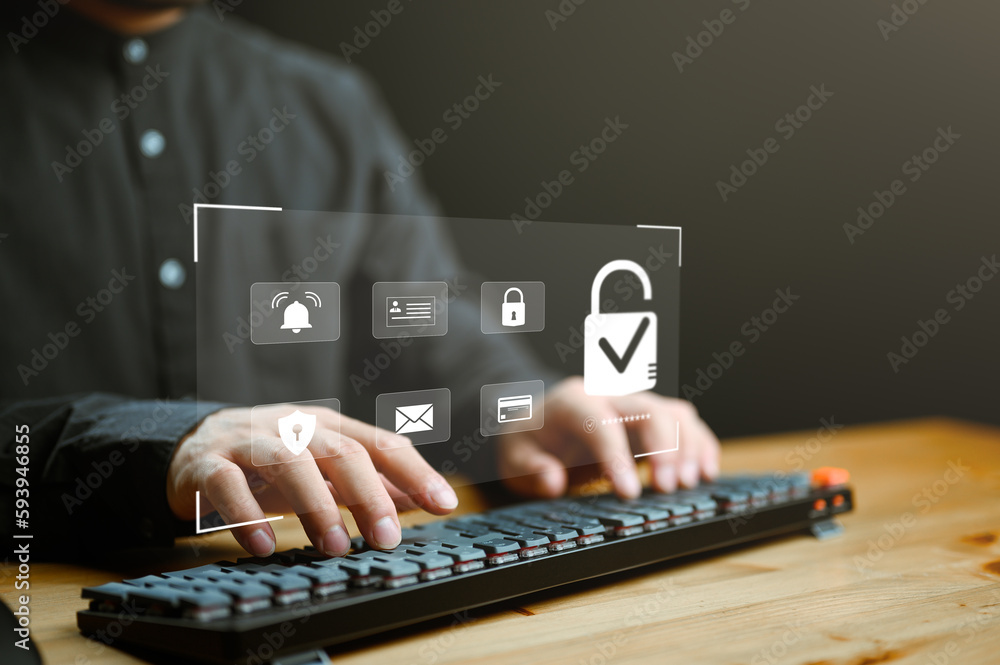 Poster Cybersecurity concept, user privacy security and encryption, secure internet access Future technology and cybernetics, screen padlock. Internet network data protection, anti hacker, cybercrime