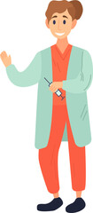 Smiling nurse with syringe illustration in color cartoon style. Editable vector graphic design.