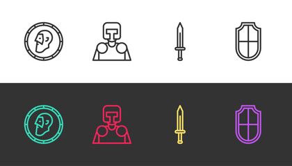 Set line Ancient coin, Medieval knight, sword and Shield on black and white. Vector