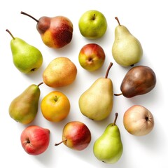 Collection of various types of organic raw pears on white background Generative AI Illustration