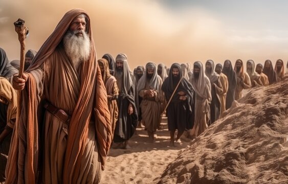 Illustration of Moses with the people of Israel in the desert crossing the Red Sea Generative AI