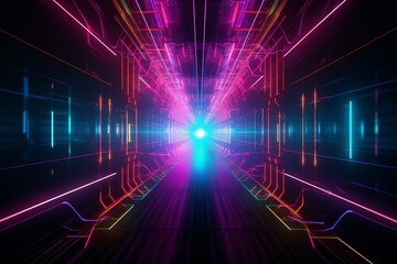 Fototapeta na wymiar Abstract neon lights into digital technology tunnel. Futuristic technology abstract background with lines for network, big data, data center, server, internet, speed. 3D render. Generative AI