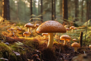 group of edible mushrooms growing in grass in forest on a sunny summer day. Generative AI illustration