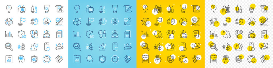 Vector icons set of Report document, Agreement document and Sunscreen line icons pack for web with Covid test, Attention, Diagram graph outline icon. Hearing, Chemistry experiment. Vector