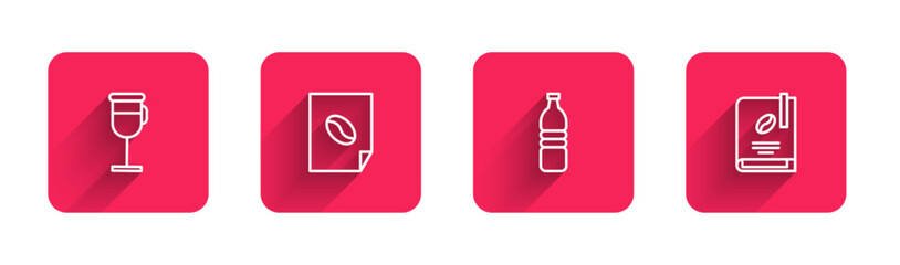 Obraz premium Set line Irish coffee, Coffee poster, Bottle water and book with long shadow. Red square button. Vector