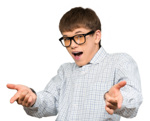 Nerdy teen male being goofy with finger guns