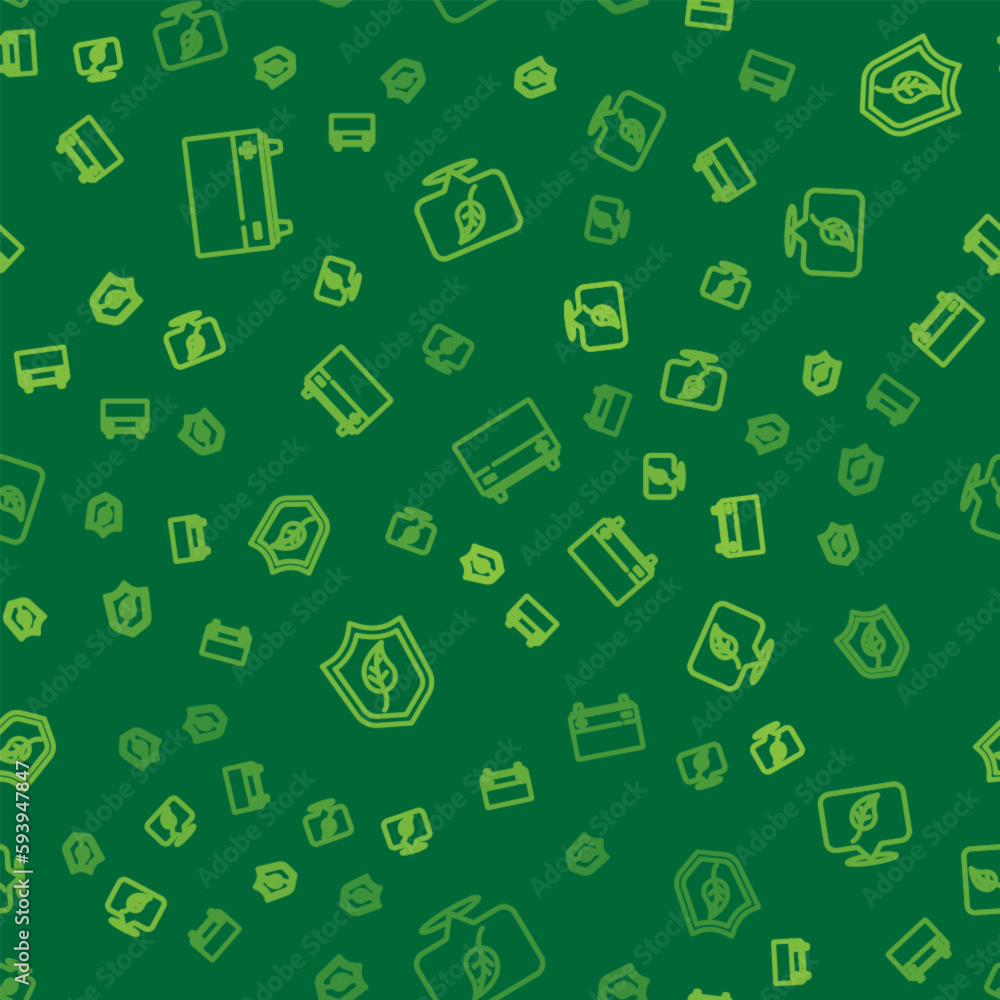 Poster set line car battery, shield with leaf and location on seamless pattern. vector