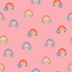 Vector abstract rainbows and stars repeating pattern background.